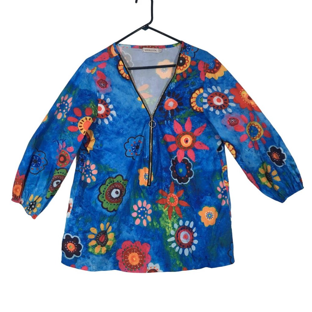 Misslook Womens Blue Large Floral Tunic Top, Zip Front, Fun Multicolor Bright XL